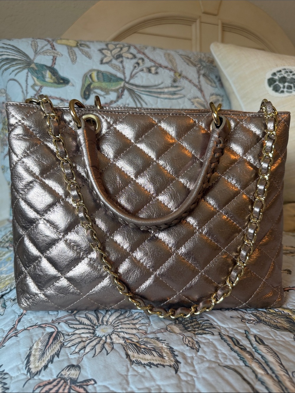 Leather Metallic Quilted Tote Bag with Chain Strap - Pale Golden Pink Bronze